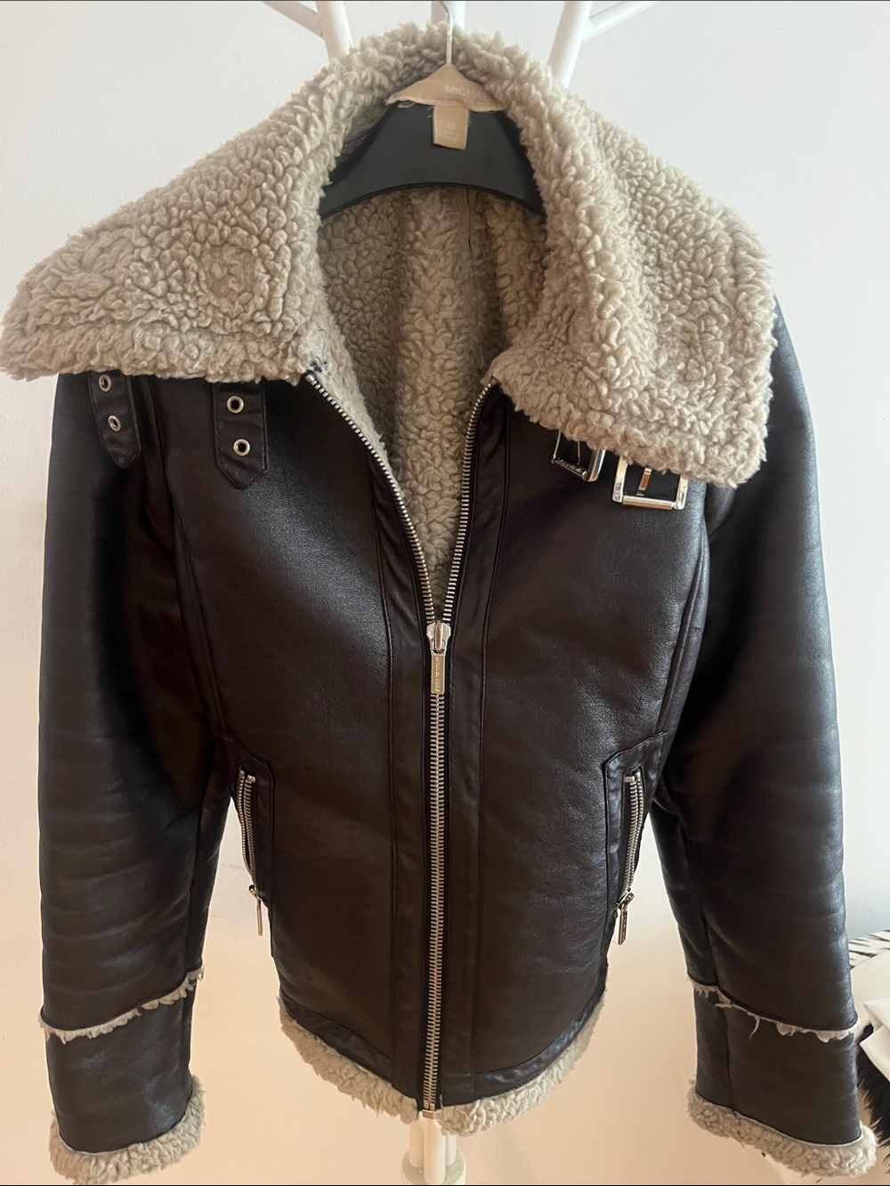 Michael Kors Black Leather Jacket with Cream Shearling Trim